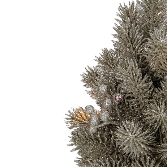 10.25" Pre-Lit Metallic Glitter Artificial Potted Christmas Tree with Burlap Base, Clear LED Lights